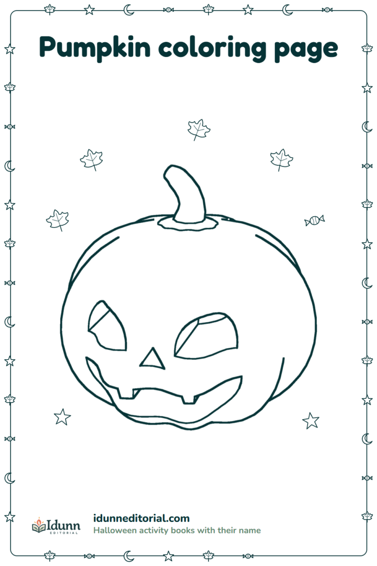 Pumpkin coloring page, ages 3 to 8: a carved Halloween pumpkin with a toothy smile, with autumn leaves, stars and a piece of candy around it.