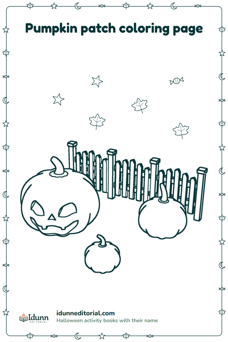Pumpkin patch coloring page, ages 3 to 8: three pumpkins in a patch next to a wooden fence, one carved and two plain, ready for a face.