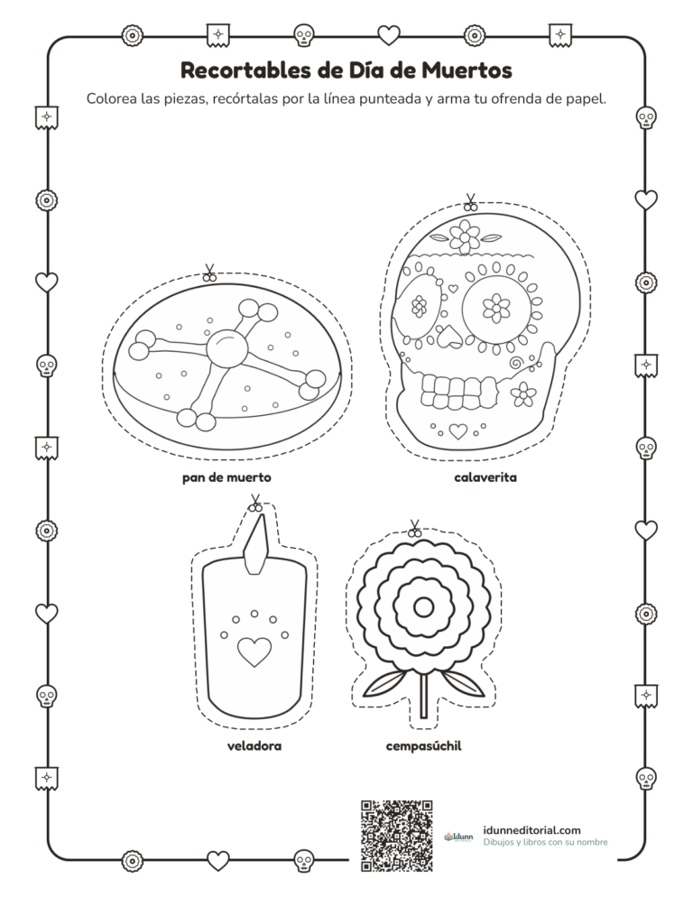 Recortables de Día de Muertos, 4 a 9 años: un pan de muerto, una calaverita, una veladora y un cempasúchil para colorear, recortar y armar una ofrenda.