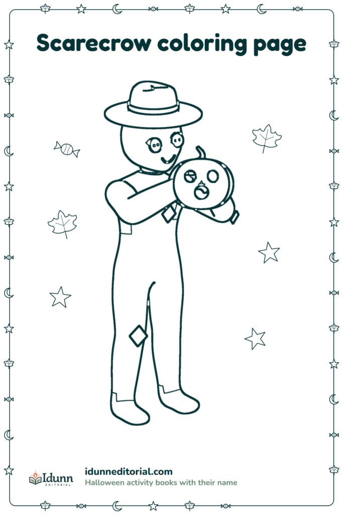 Scarecrow coloring page, ages 3 to 8: a scarecrow in a hat holding a carved pumpkin next to his face.