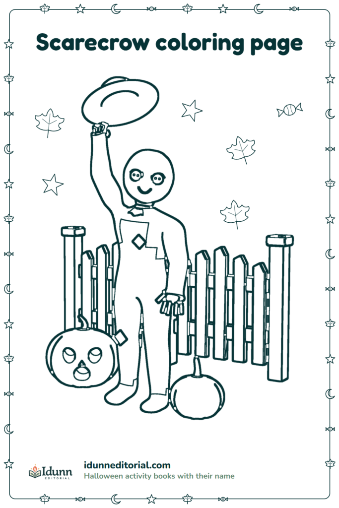 Scarecrow coloring page, ages 3 to 8: a scarecrow waving his hat, standing among pumpkins in front of a wooden fence.