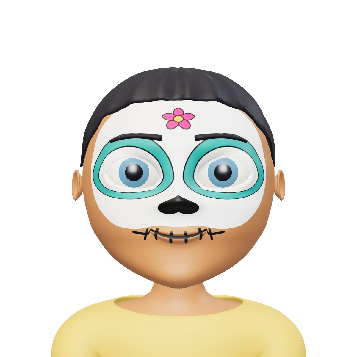 Maquillaje de catrina sencillo para niña pequeña: blanco en la frente, la nariz y las mejillas, círculos turquesa alrededor de los ojos, nariz de corazón y una flor rosa en la frente