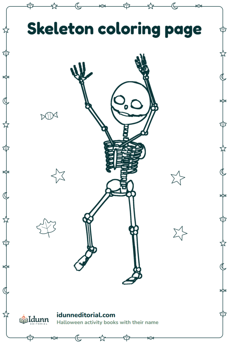 Skeleton coloring page, ages 3 to 8: a smiling skeleton dancing with its arms up.