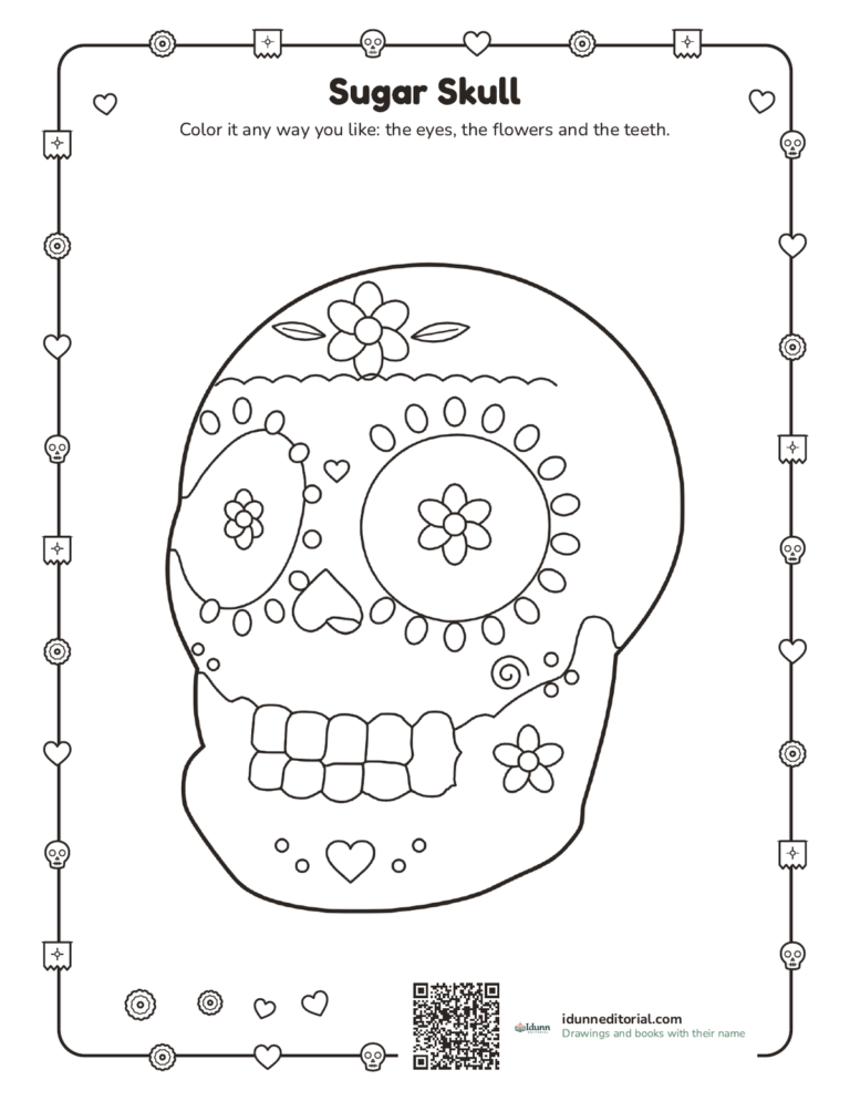 Sugar skull coloring page, ages 3 to 8: a slightly turned sugar skull with petals around the eyes, a flower on the forehead, leaves and hearts.