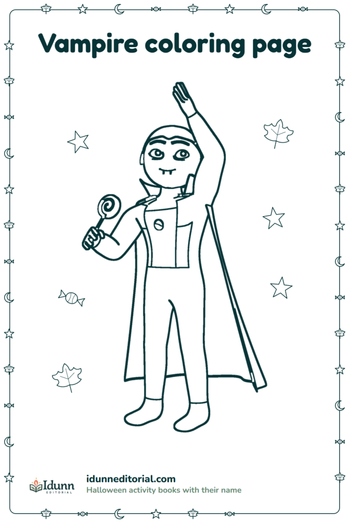 Vampire coloring page, ages 3 to 8: a smiling vampire in a long cape, waving with one hand and holding a lollipop in the other.