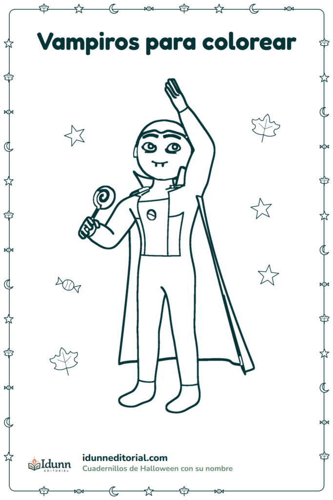 Vampiro para colorear, 3 a 8 años: un vampiro sonriente con capa larga, que saluda con una mano y lleva una paleta en la otra.