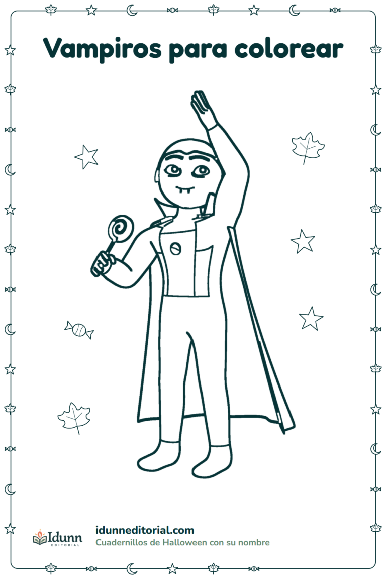 Vampiro para colorear, 3 a 8 años: un vampiro sonriente con capa larga, que saluda con una mano y lleva una paleta en la otra.