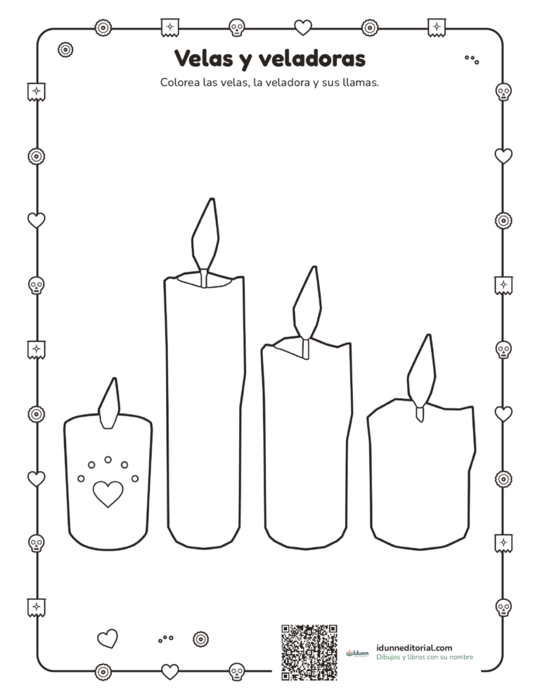 Velas y veladoras para colorear, 3 a 8 años: tres velas encendidas de distinto tamaño y una veladora con un corazón.