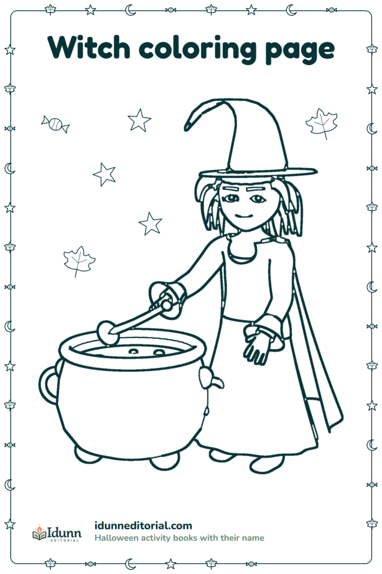 Witch coloring page, ages 3 to 8: a smiling little witch stirring a cauldron with a wooden spoon.